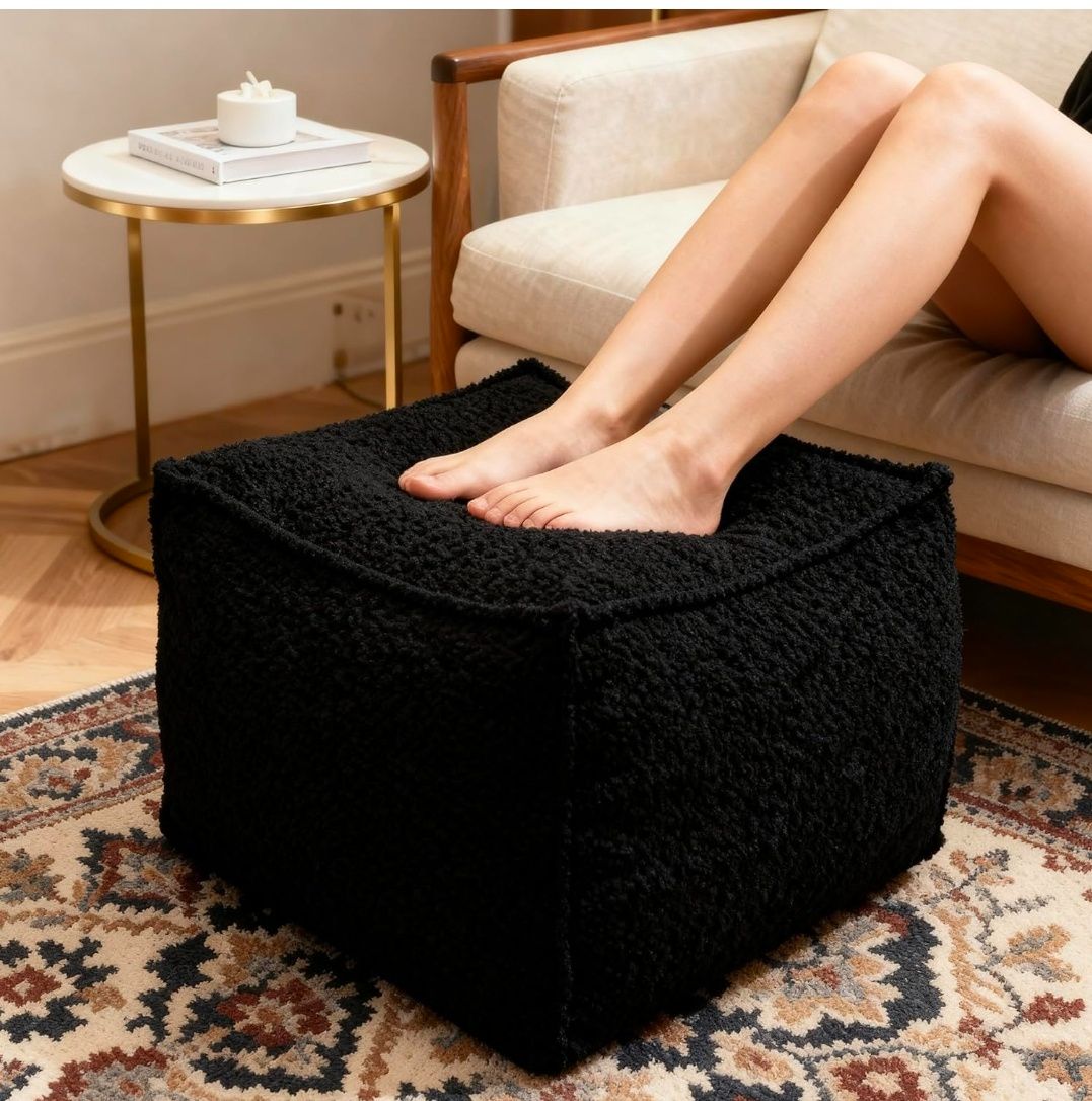 Square Boucle Pouf Ottoman Footrest, Soft & Lightweight Footstool with Foam Filling for Living Room & Bedroom, Laid-Back Lounge Style