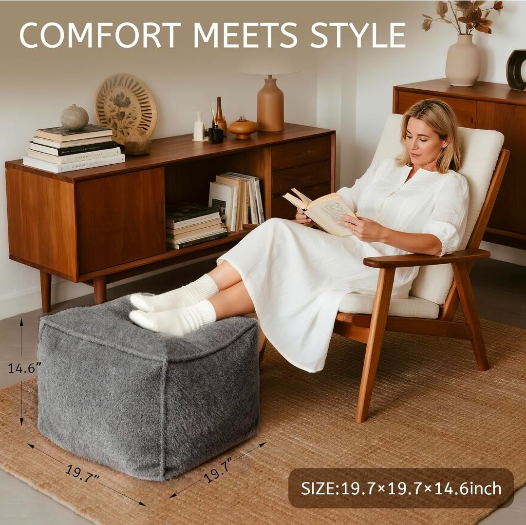 Square Boucle Pouf Ottoman Footrest, Soft & Lightweight Footstool with Foam Filling for Living Room & Bedroom, Laid-Back Lounge Style