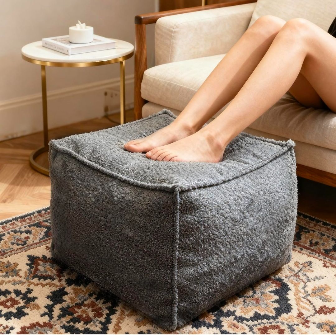 Square Boucle Pouf Ottoman Footrest, Soft & Lightweight Footstool with Foam Filling for Living Room & Bedroom, Laid-Back Lounge Style
