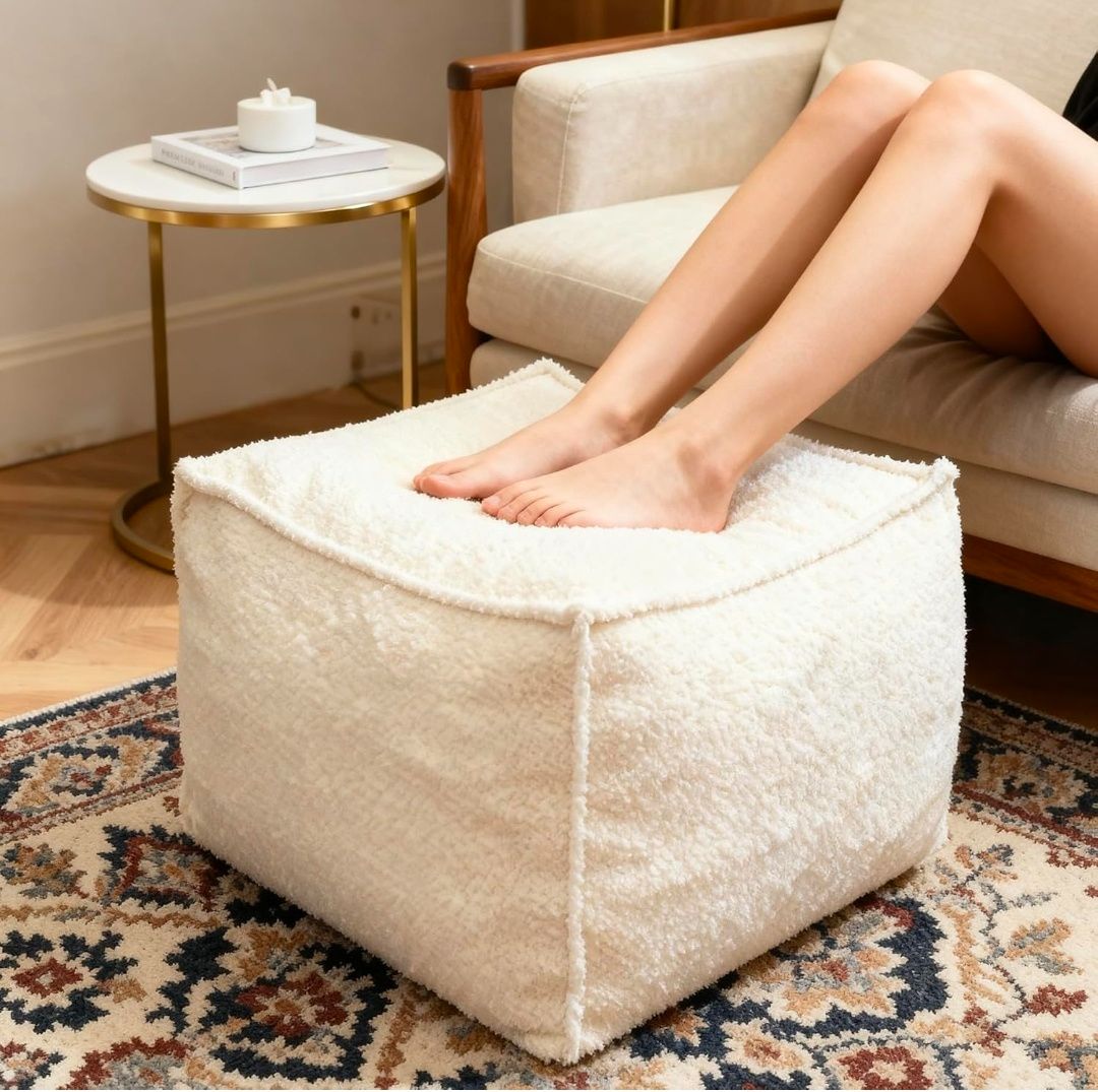 Square Boucle Pouf Ottoman Footrest, Soft & Lightweight Footstool with Foam Filling for Living Room & Bedroom, Laid-Back Lounge Style
