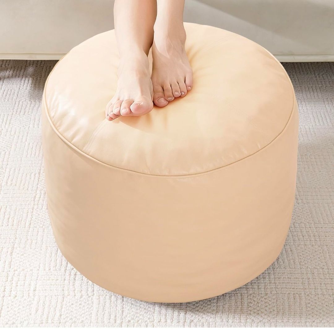 Round Stuffed Pouf Ottoman, Pu Leather Poufs with Foam Chunk Filling, Furry and Fluffy Pouf Foot Stool Storage Ottoman, 26 X 18 Floor Poufs Foot Rest for Living Room