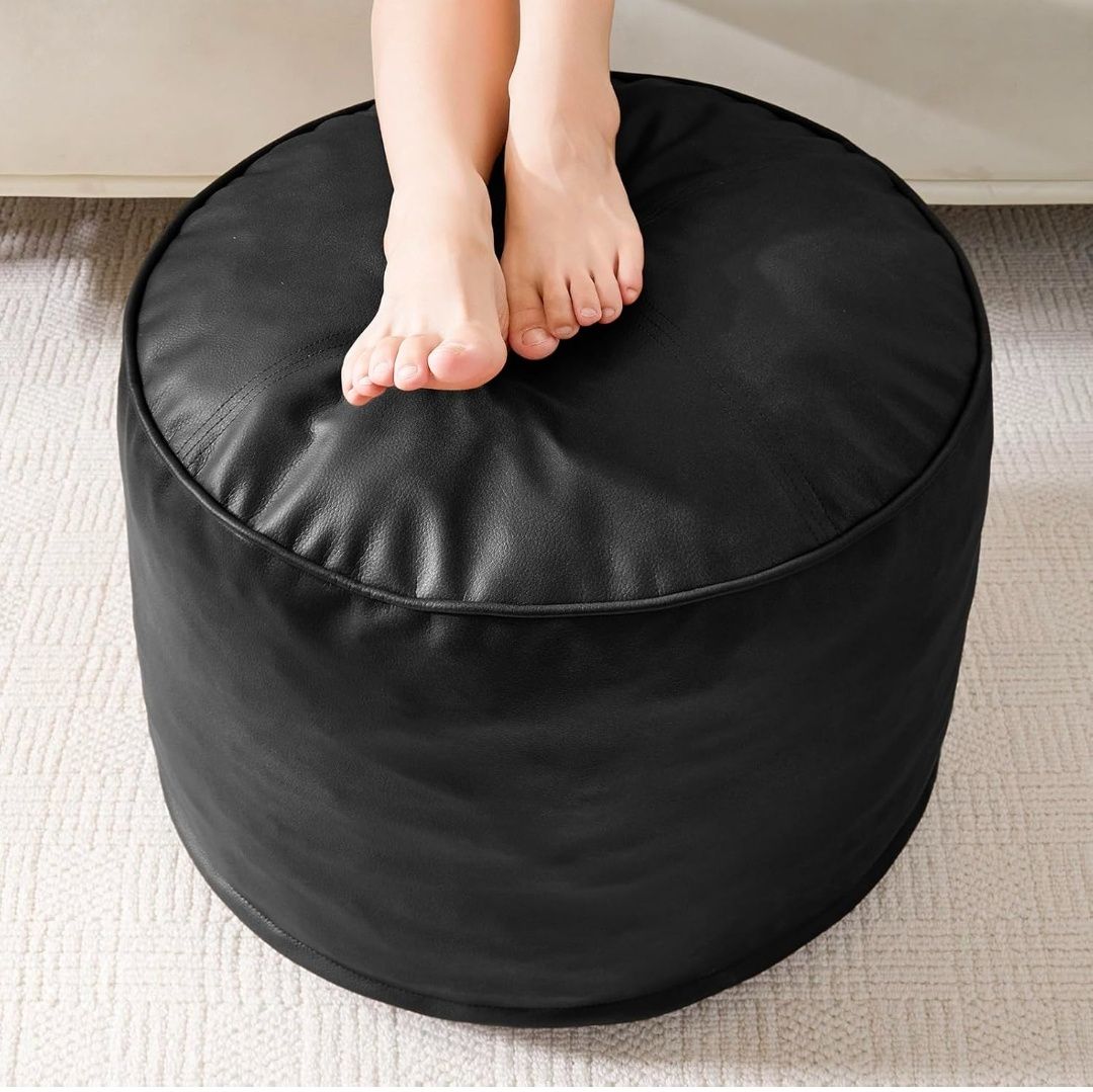 Round Stuffed Pouf Ottoman, Pu Leather Poufs with Foam Chunk Filling, Furry and Fluffy Pouf Foot Stool Storage Ottoman, 26 X 18 Floor Poufs Foot Rest for Living Room