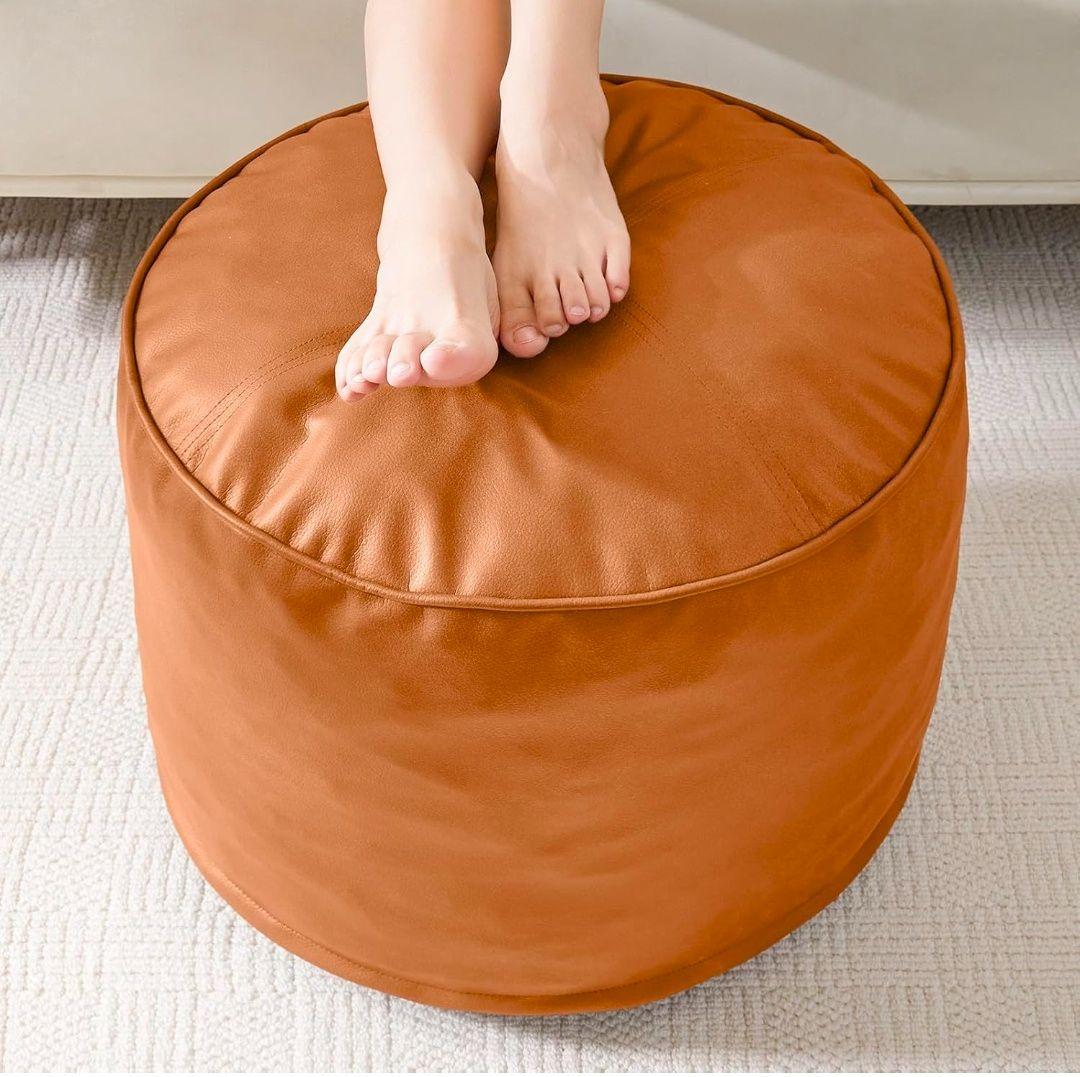 Round Stuffed Pouf Ottoman, Pu Leather Poufs with Foam Chunk Filling, Furry and Fluffy Pouf Foot Stool Storage Ottoman, 26 X 18 Floor Poufs Foot Rest for Living Room