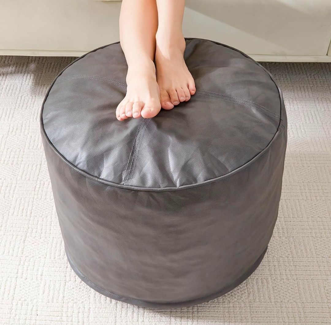 Round Stuffed Pouf Ottoman, Pu Leather Poufs with Foam Chunk Filling, Furry and Fluffy Pouf Foot Stool Storage Ottoman, 26 X 18 Floor Poufs Foot Rest for Living Room