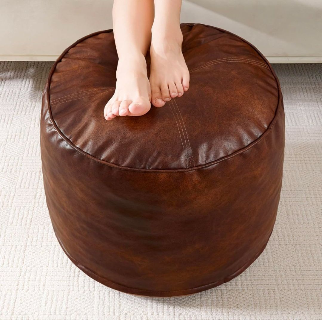 Round Stuffed Pouf Ottoman, Pu Leather Poufs with Foam Chunk Filling, Furry and Fluffy Pouf Foot Stool Storage Ottoman, 26 X 18 Floor Poufs Foot Rest for Living Room