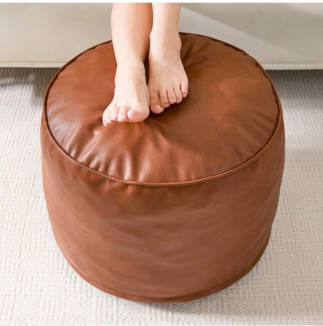 Round Stuffed Pouf Ottoman, Pu Leather Poufs with Foam Chunk Filling, Furry and Fluffy Pouf Foot Stool Storage Ottoman, 26 X 18 Floor Poufs Foot Rest for Living Room