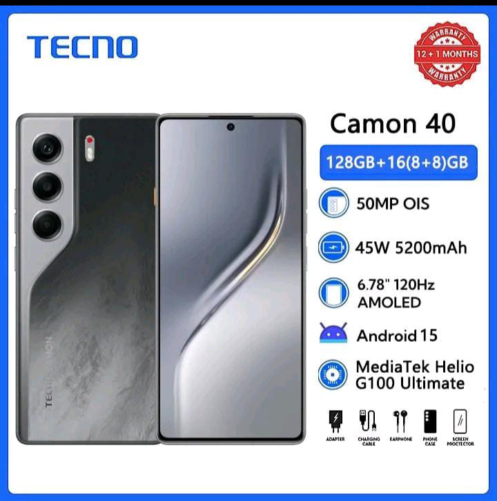 Tecno Camon 40 128GB+16(8+8)GB RAM 6.78" AMOLED 120Hz Screen MTK Helio G100 Ultimate 45W 5200mAh 50MP Dual Speaker Android 15 Smart Phones Dual Sim phone