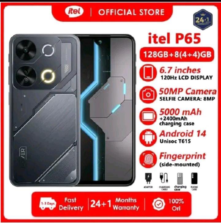 ITEL P65 8GB RAM (4+4 ) + 128GB Storage 6.7" inches 120HZ 50MP + 8MP camera 5000mAh + 2400mAh charging case Android 14 unisoc T615 Smartphones
