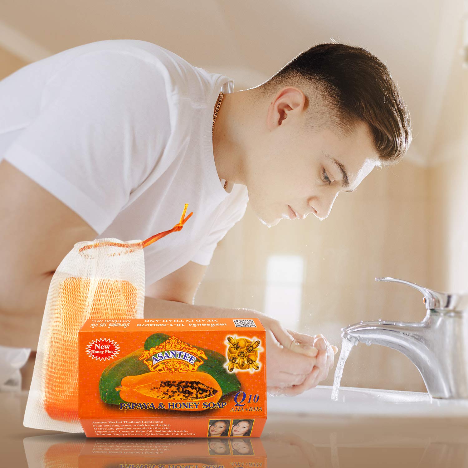 Asantee Papaya & Honey Herbal Bar Soap 125G (Pack of 1) from Thailand with Vitamin C,E and Q10 Skin Cleansing & Slough Off Dead Skin Cells, with the Moisturizing and Antibacterial Benefits of Honey