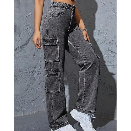 Women High Waist Denim Jeans Trousers Casual Pants Boyfriend Wide Leg Cargo Parachute Baggy Pants
