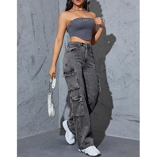 Women High Waist Denim Jeans Trousers Casual Pants Boyfriend Wide Leg Cargo Parachute Baggy Pants