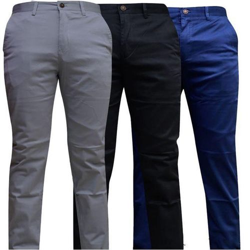 3 Pcs Soft Khaki Men's Trouser Slim Fit- Grey Black Parliament Blue