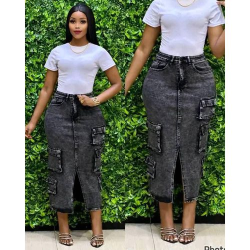 Ladies Maxi Slit Denim Cargo Skirt- Stylish, Comfortable & Versatile- Grey