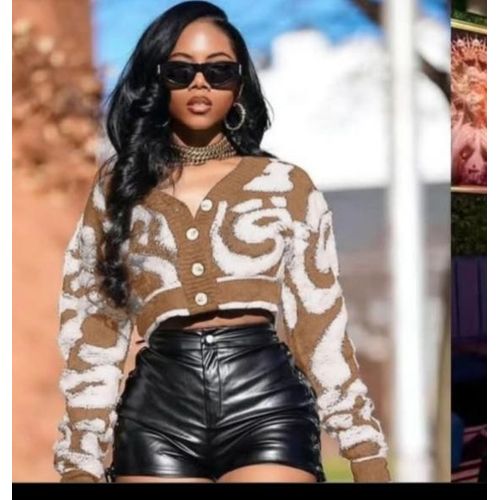 Black Perbai Womens V Neck Button Down Long Sleeve Colorblock Cropped Cardigan Sweater tops