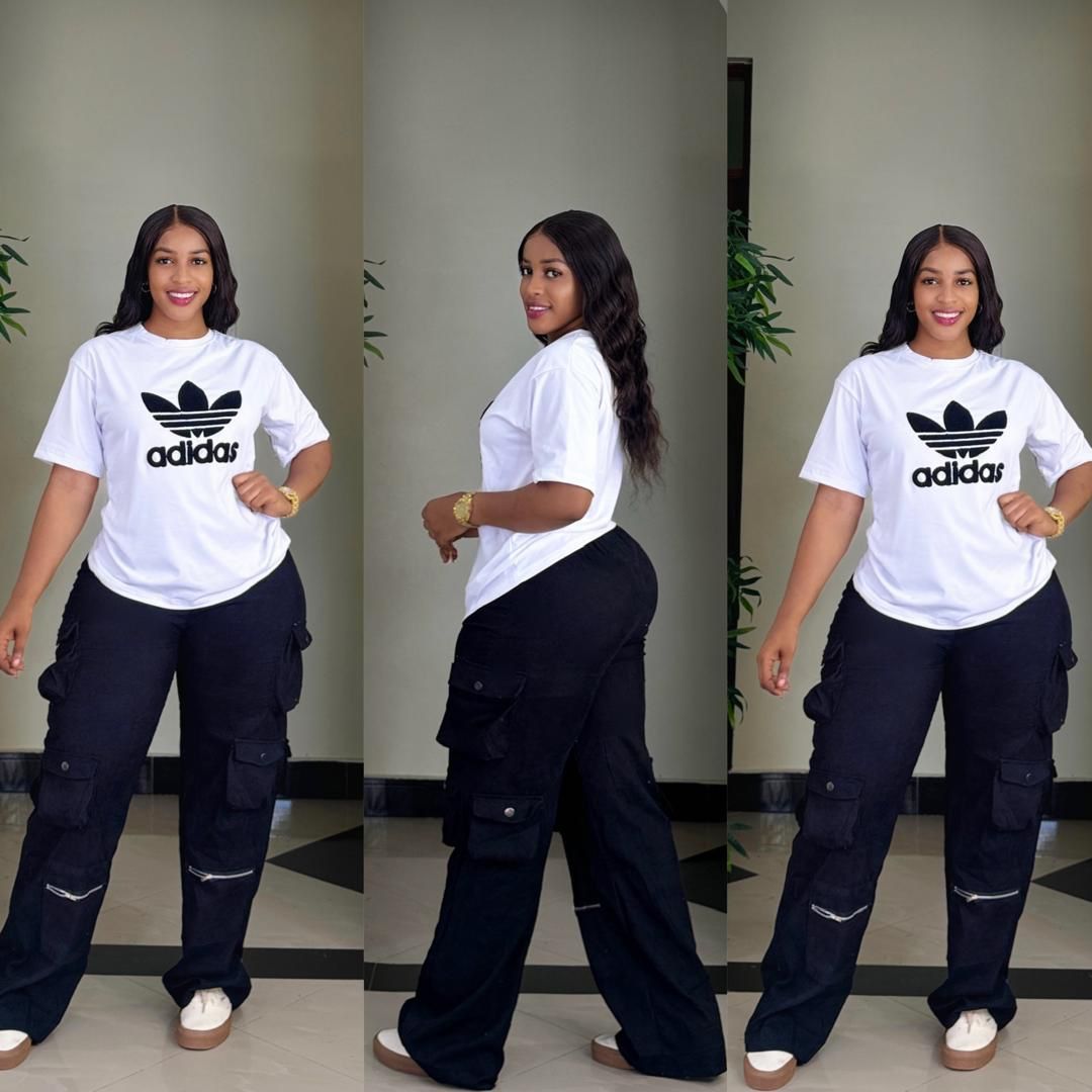 AdidasLadies Casual Style,Ladies two piece – White Logo T-Shirt with Black Cargo Pants – Trendy & Comfortable Two-Piece Outfit for College, Outings, or Daily Wear – Relaxed Fit with Utility Vibes