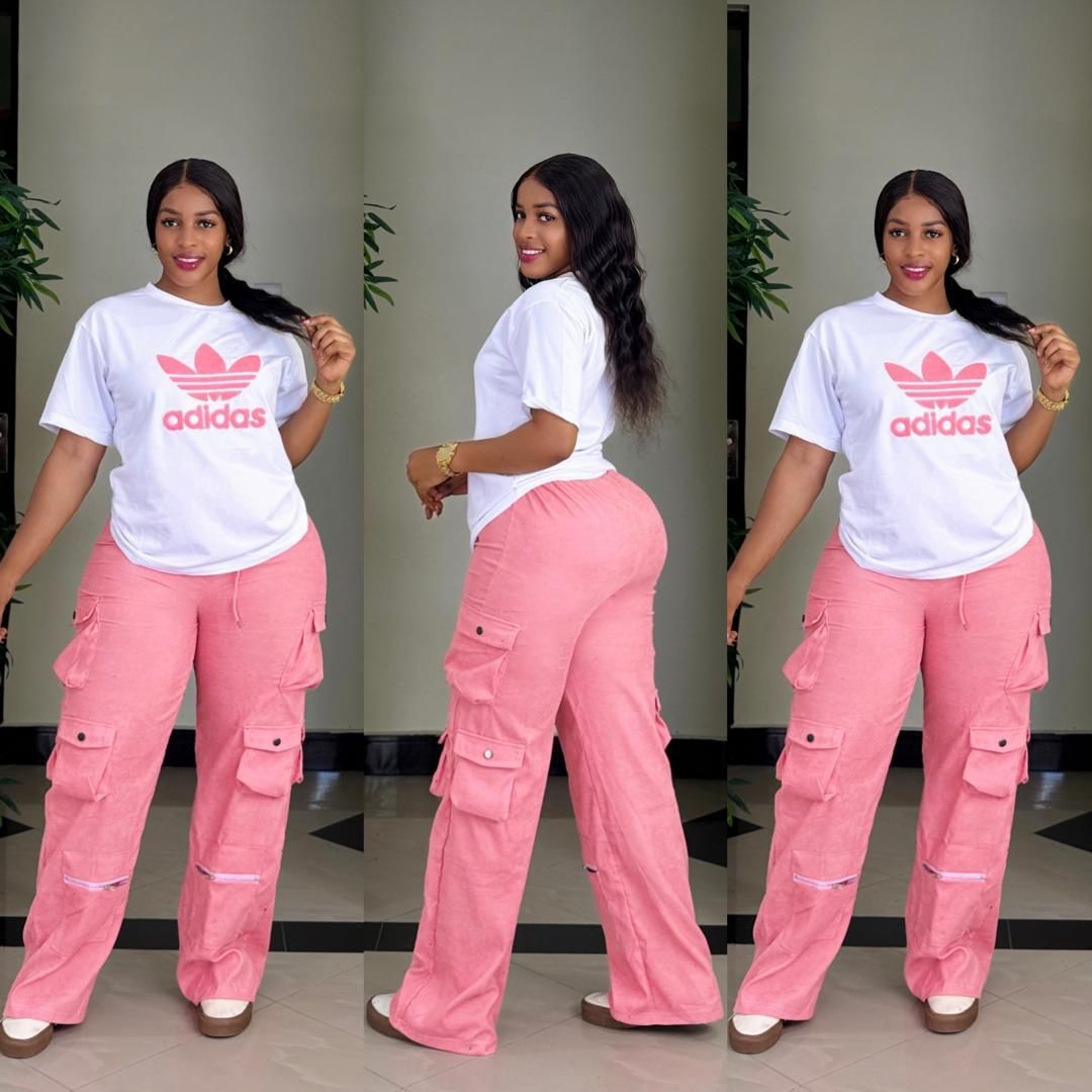 AdidasLadies Casual Style,Ladies two piece – White Logo T-Shirt with Black Cargo Pants – Trendy & Comfortable Two-Piece Outfit for College, Outings, or Daily Wear – Relaxed Fit with Utility Vibes