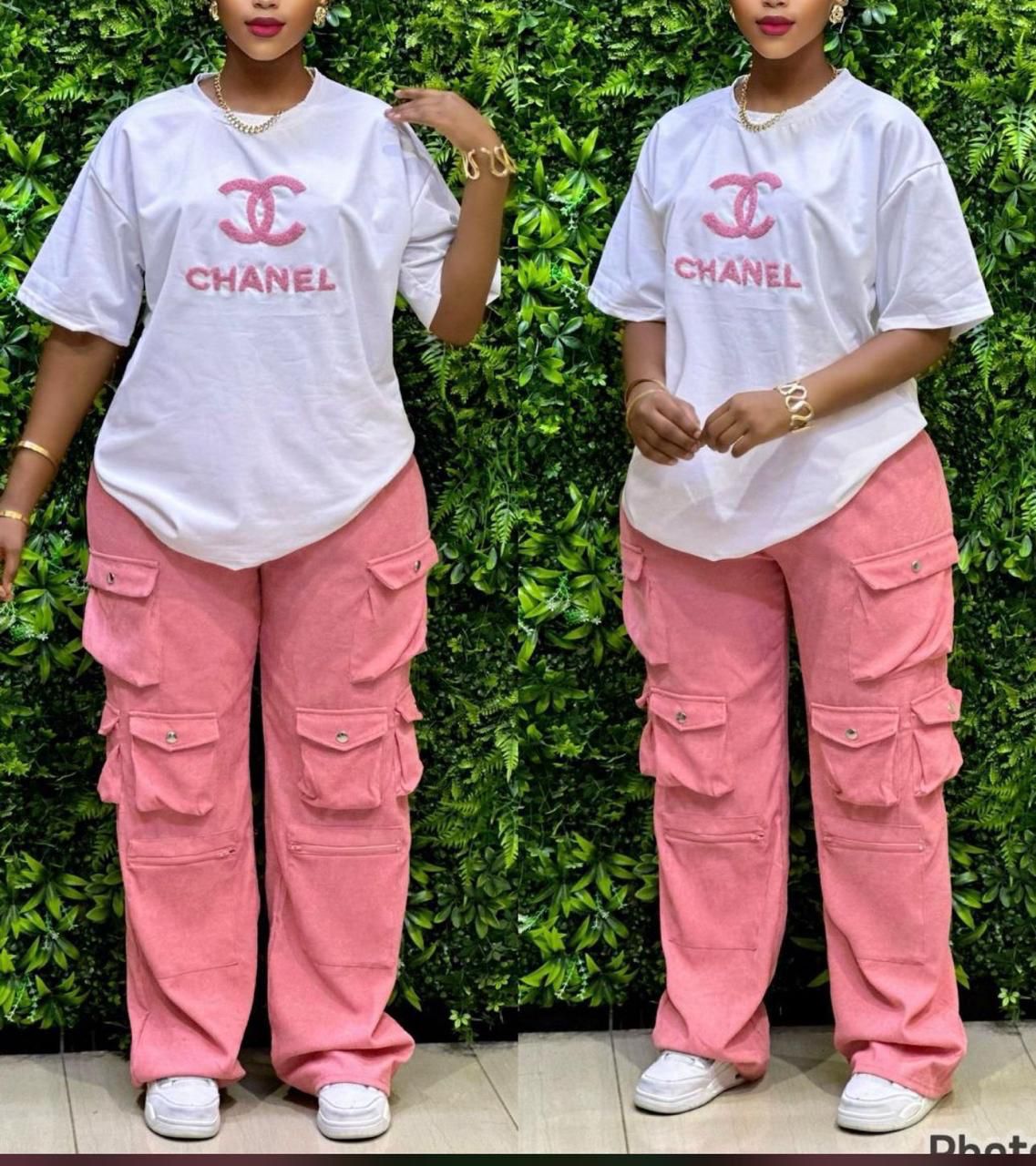 Ladies Casual Style,Ladies two piece – White Logo T-Shirt with Black Cargo Pants – Trendy & Comfortable Two-Piece Outfit for College, Outings, or Daily Wear – Relaxed Fit with Utility Vibes