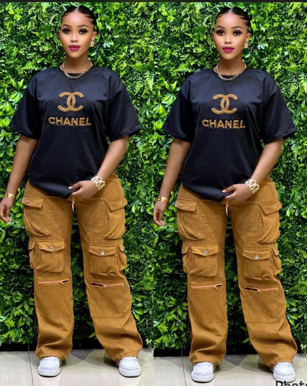 Ladies Casual Style,Ladies two piece – White Logo T-Shirt with Black Cargo Pants – Trendy & Comfortable Two-Piece Outfit for College, Outings, or Daily Wear – Relaxed Fit with Utility Vibes