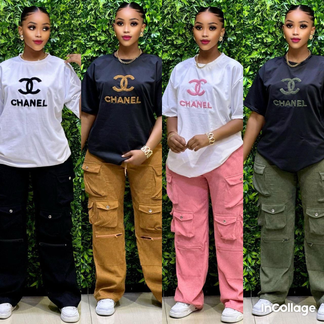 Ladies Casual Style,Ladies two piece – White Logo T-Shirt with Black Cargo Pants – Trendy & Comfortable Two-Piece Outfit for College, Outings, or Daily Wear – Relaxed Fit with Utility Vibes