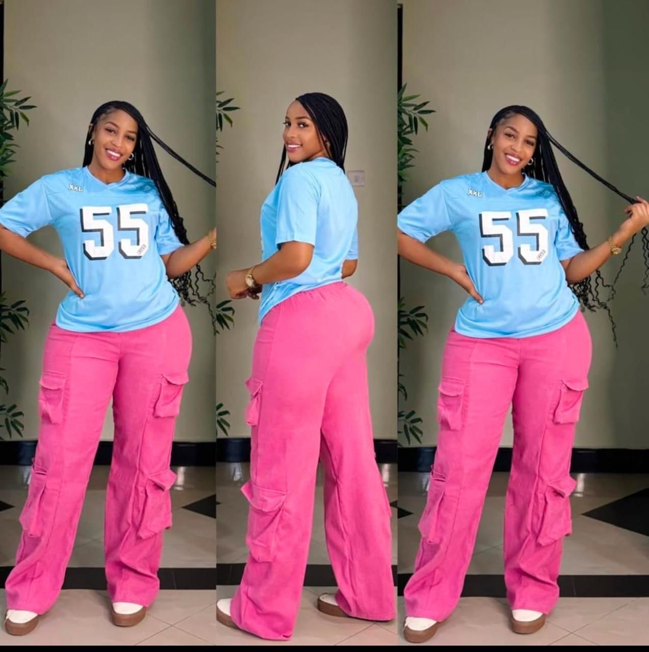 Ladies Casual Style,Ladies two piece – White Logo T-Shirt with Black Cargo Pants – Trendy & Comfortable Two-Piece Outfit for College, Outings, or Daily Wear – Relaxed Fit with Utility Vibes