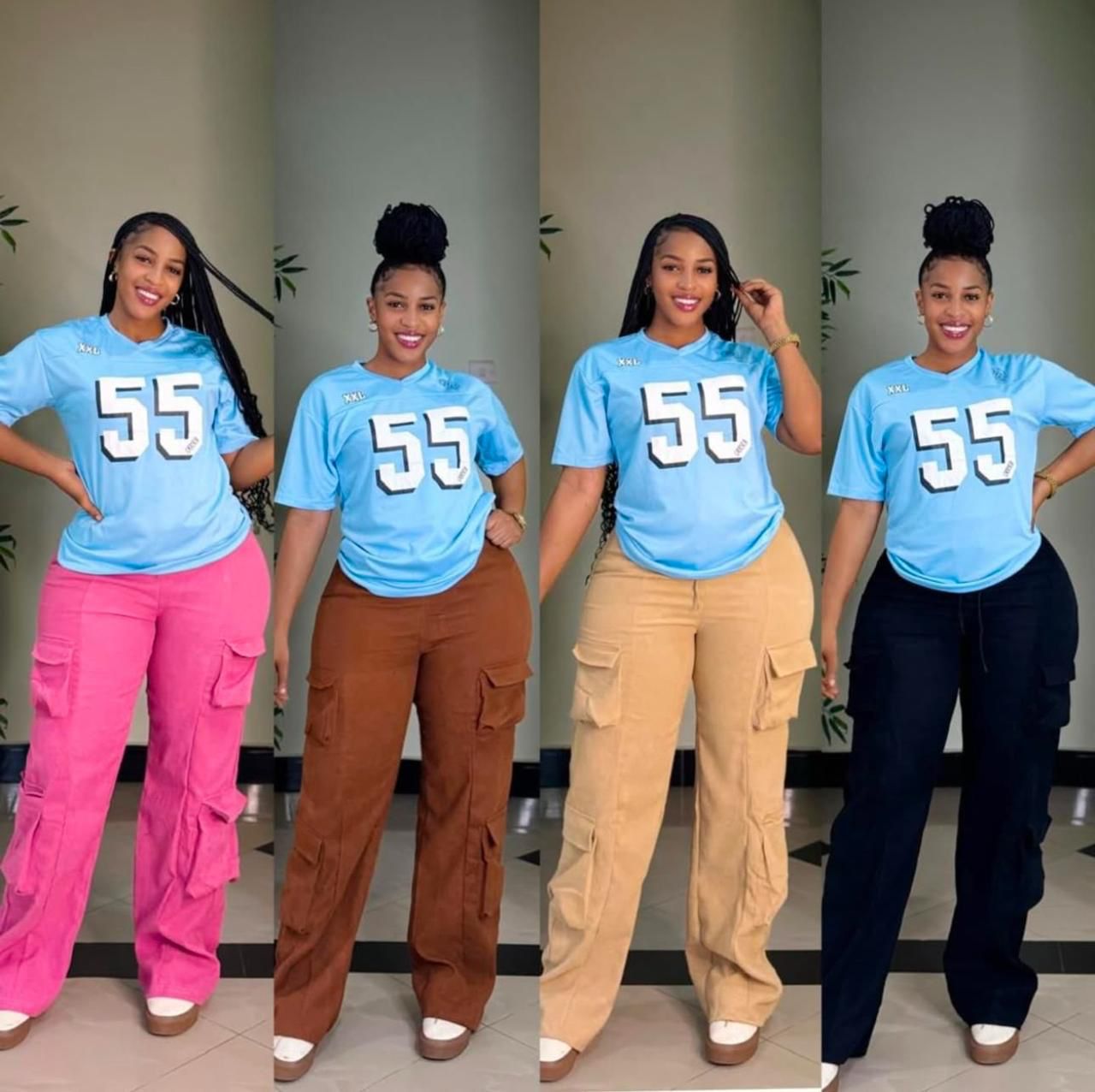 Ladies Casual Style,Ladies two piece – White Logo T-Shirt with Black Cargo Pants – Trendy & Comfortable Two-Piece Outfit for College, Outings, or Daily Wear – Relaxed Fit with Utility Vibes