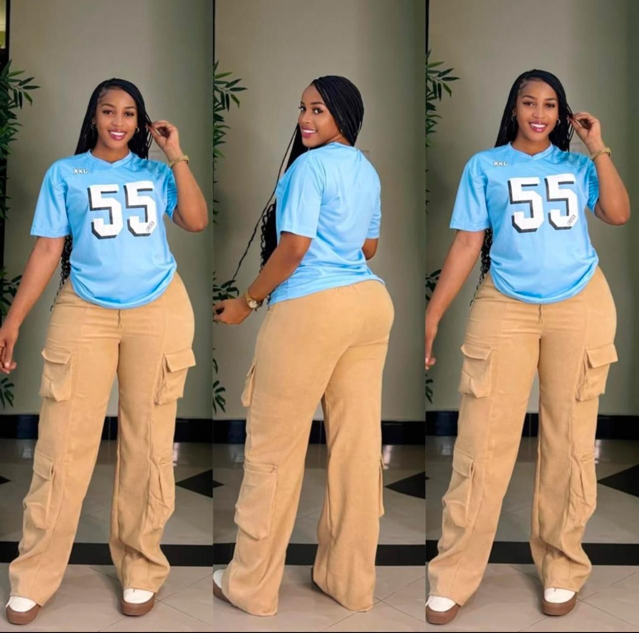 Ladies Casual Style,Ladies two piece – White Logo T-Shirt with Black Cargo Pants – Trendy & Comfortable Two-Piece Outfit for College, Outings, or Daily Wear – Relaxed Fit with Utility Vibes