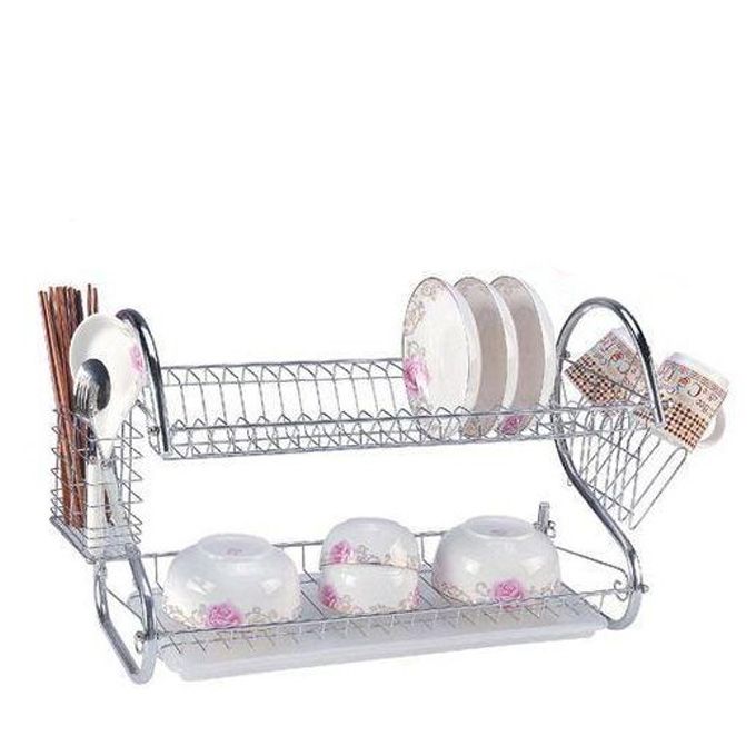 Dish Rack 2 Layer Stainless Steel – Heavy-Duty Kitchen Counter Drying Organizer with Cutlery Holder, Drain Tray & Space-Saving Tiered Design