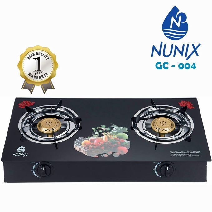 PRICE DROP! Nunix GC-004 Tempered Glass Top Cooker – 2-Burner Table Top Gas Stove with Auto Ignition, Whirlwind Technology & FREE Gas Regulator – Efficient & Stylish