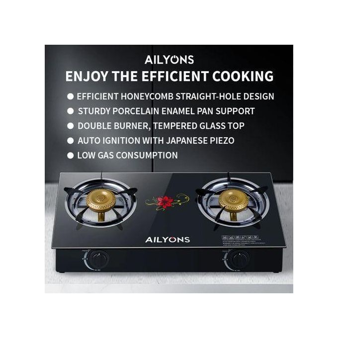 AILYONS GS014-1 Infrared Glass Top Burner – 2-Burner Table Top Gas Cooker with Auto Ignition, 3.4kW Super Swirl Flame, Honeycomb Design & 1-Year Warranty – Black