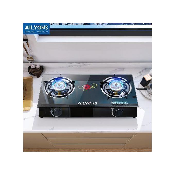 AILYONS GS014-1 Infrared Glass Top Burner – 2-Burner Table Top Gas Cooker with Auto Ignition, 3.4kW Super Swirl Flame, Honeycomb Design & 1-Year Warranty – Black