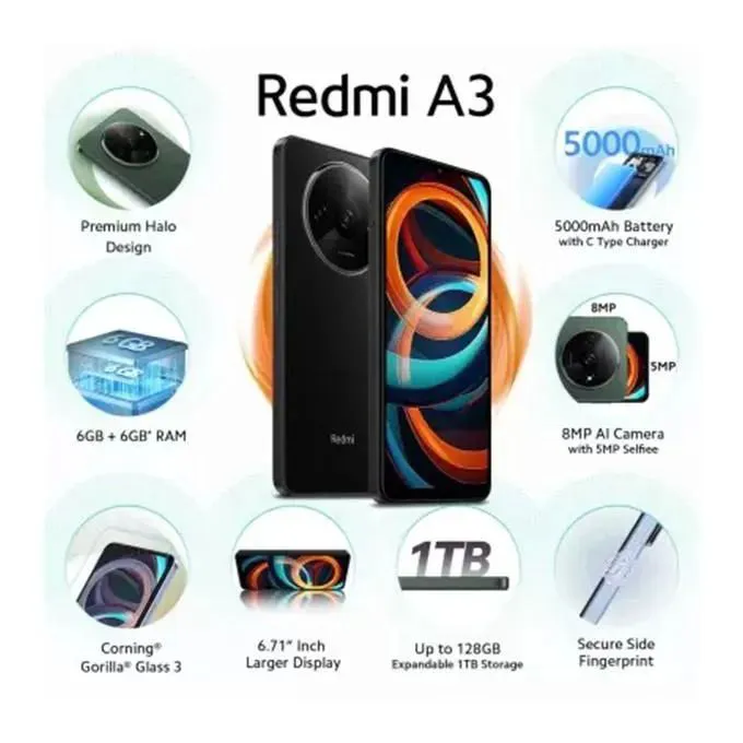 XIAOMI Redmi A3 6.71" 128GB + 4GB 4G Network 5000mAh Battery 8MP +5MP AI Camera 10W Fast Charging Fingerprint Sensor Android 14 Smart Phones