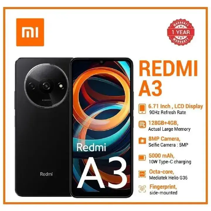 XIAOMI Redmi A3 6.71" 128GB + 4GB 4G Network 5000mAh Battery 8MP +5MP AI Camera 10W Fast Charging Fingerprint Sensor Android 14 Smart Phones