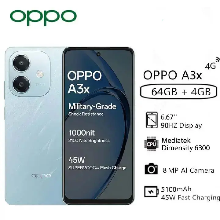 Brand New OPPO A3x 4GB RAM+ 64GB ROM 6.67" 90Hz Snapdragon 6s 4G Gen1 Android 14 45W 5100mAh Type-C Charge Smart Phones Side Fingerprint and Face Unlock phone