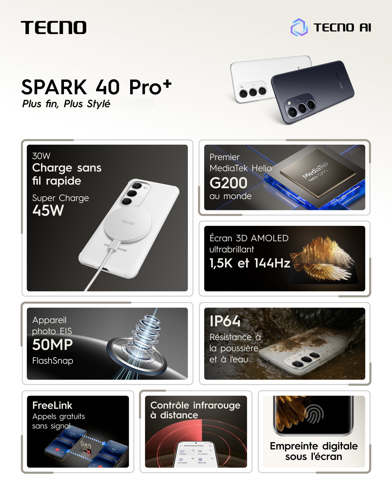[New Arrials] TECNO SPARK 40 Pro+ 256GB +16(8+8)GB 6.78" 120Hz Phone Dynamic Port 50MP Stereo Speaker 5200mAh 45W Type-C Dual SIM 4G Under Display Fingerprint SPARK 40 Pro Plus IP64 Smart Phones