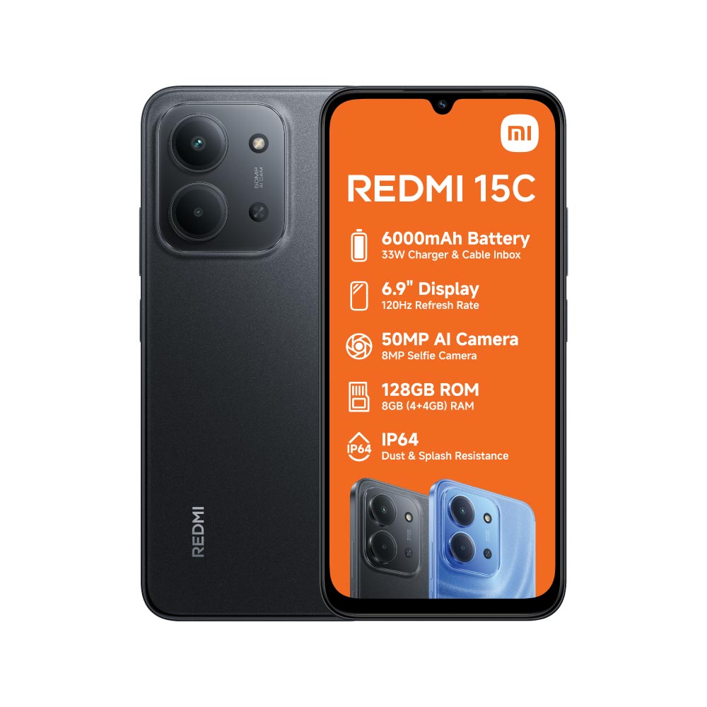 NEW ARRIVAL REDMI 15C 256GB Storage Upto 16(8+8GB Ram 6.9'' FHD Immersive Display 50MP Main Cam +8MP front 6000mAh 33W Fast Charger Android 15 Xiaomi Hyper OS Side Fingerprint Smartphone