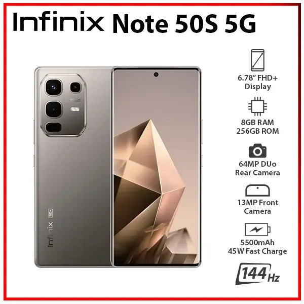 Infinix Note 50S  5G 256GB+16GB (8+8)GB RAM 6.78" 144Hz Screen Dual SIM Phone 90W 5200mAh 50MP Camera Android 15 MediaTek Helio G100 Ultimate Smart AI Phone