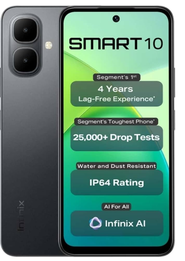 Infinix Smart 10 64GB + 4GB 6.67" 120Hz Display Dual Speakers Dual SIM 4.5G Slim Phone 5000mAh Battery With 15W Charging NFC IP64 Fingerprint Lock Android 15 AI Smart Phones