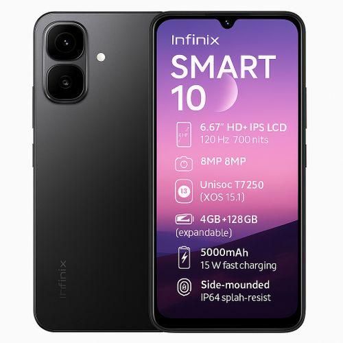 Infinix Smart 10 64GB + 4GB 6.67" 120Hz Display Dual Speakers Dual SIM 4.5G Slim Phone 5000mAh Battery With 15W Charging NFC IP64 Fingerprint Lock Android 15 AI Smart Phones