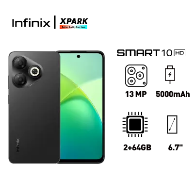 Infinix Smart 10 HD 4(2+2)GB RAM + 64GB 6.6" 90Hz Display Slim 4G Phone Dual SIM 5000mAh Battery 10W Charging 13MP Camera Fingerprint Lock Android 14 Smart AI Phones