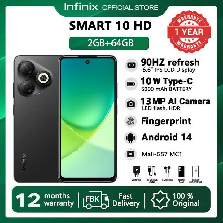 Infinix Smart 10 HD 4(2+2)GB RAM + 64GB 6.6" 90Hz Display Slim 4G Phone Dual SIM 5000mAh Battery 10W Charging 13MP Camera Fingerprint Lock Android 14 Smart AI Phones