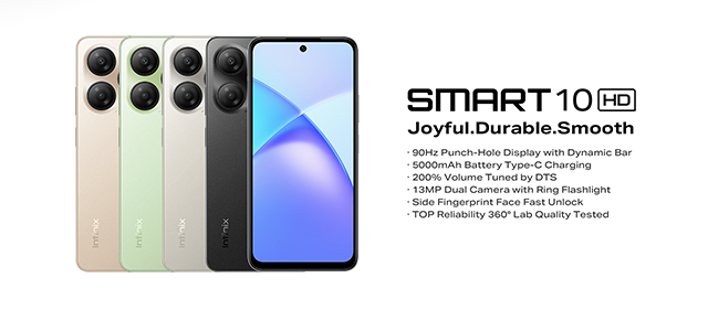 Infinix Smart 10 HD 4(2+2)GB RAM + 64GB 6.6" 90Hz Display Slim 4G Phone Dual SIM 5000mAh Battery 10W Charging 13MP Camera Fingerprint Lock Android 14 Smart AI Phones