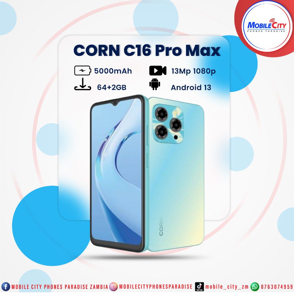 Corn C16 Pro Max 64GB Storage +5(2+3Extended ) RamUnlocked Cell Phone, Android 6.6"HD +WATERDROP SCREEN 13MP Main Camera,8mp Front camera 5000mAh Dual SIM, Face ID, GPS, OTG (Black) Phone