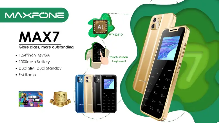 Super Mini Maxfone Max 7 Mobile Phone Touch Button 1.54" Dual SIM BT Dialer 0.3MP 1000MAH MP3 Torch FM Ultrathin Card CellPhone