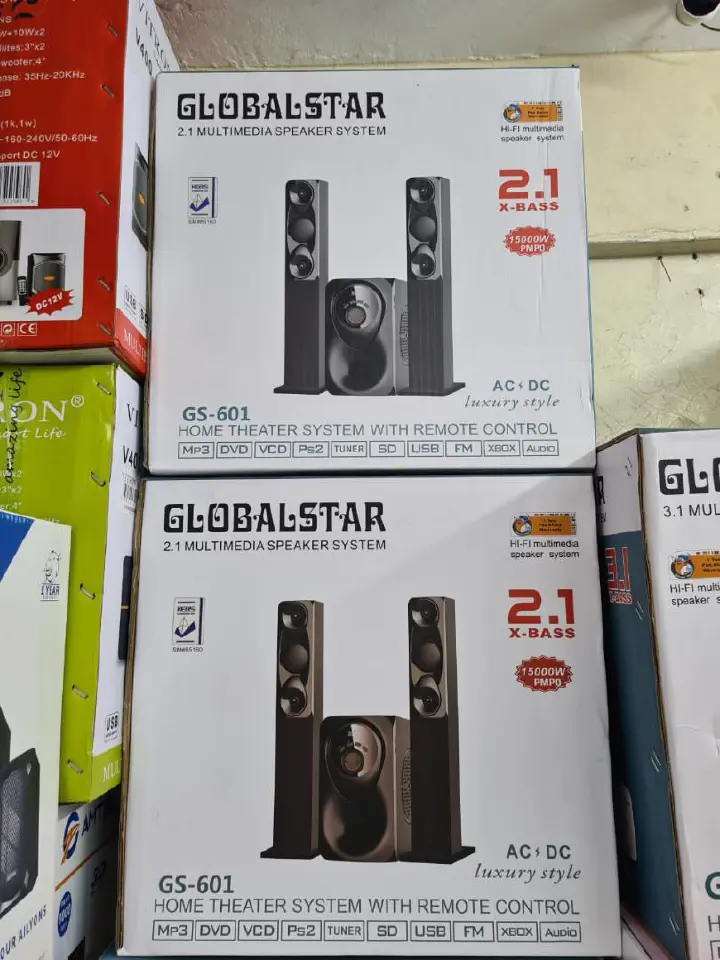 Globalstar GS-601 2.1CH Mini Home Theater MULTIMEDIA WOOFER SYSTEM WITH 2 TALL Boys SPEAKERS SUBWOOFER with AC DC USB/FM/BLUETOOTH 15,000W PMPO