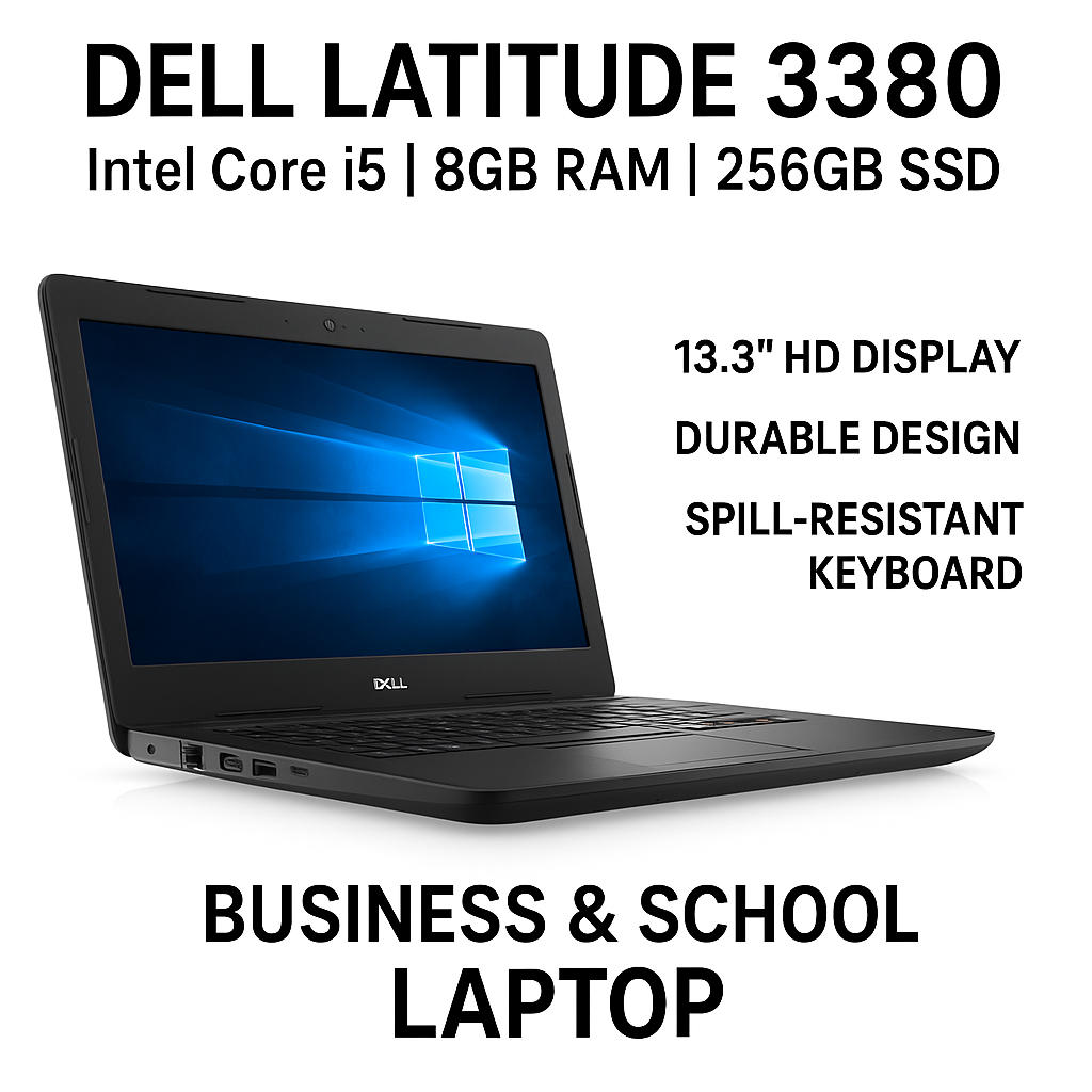 Dell Latitude 3380 Laptop – Intel Core i5 | 8GB RAM | 256GB SSD | 13.3" HD Display | Windows 10 Pro | Durable Business & School Laptop