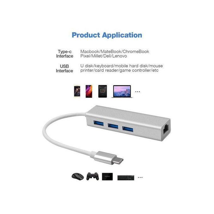 USB C to Ethernet Adapter, 4 in 1 Multiport Hub with Gigabit RJ45, 3 x USB 3.0 Ports