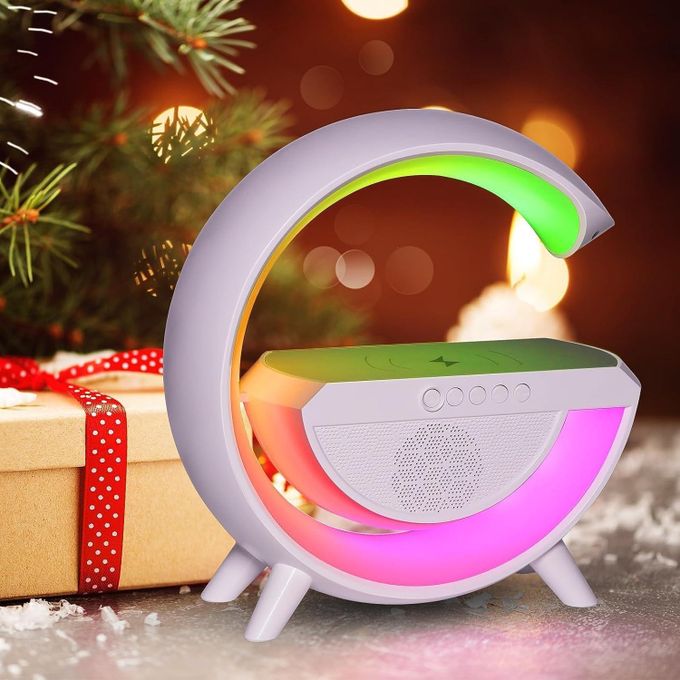 5-In-1 Night Lights Bedside Alarm with Wireless Charger & Bluetooth Speaker, 15W Qi Fast Charging RGB Table Lamp, Built-in Microphone, Support FM Radio/TF/Aux for Bedroom, Bedside, Room Decor, Gift, P