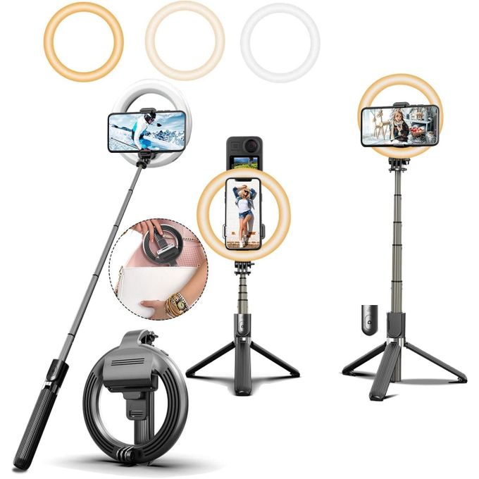 6" Ring Light With Selfie Stick, Tripod and Phone Holder,3 in 1 Portable LED Fill Light Selfie Stick Tripod Remote Control,Dimmable 3 Colors for YouTube Videos TikTok Live Stream Make-up