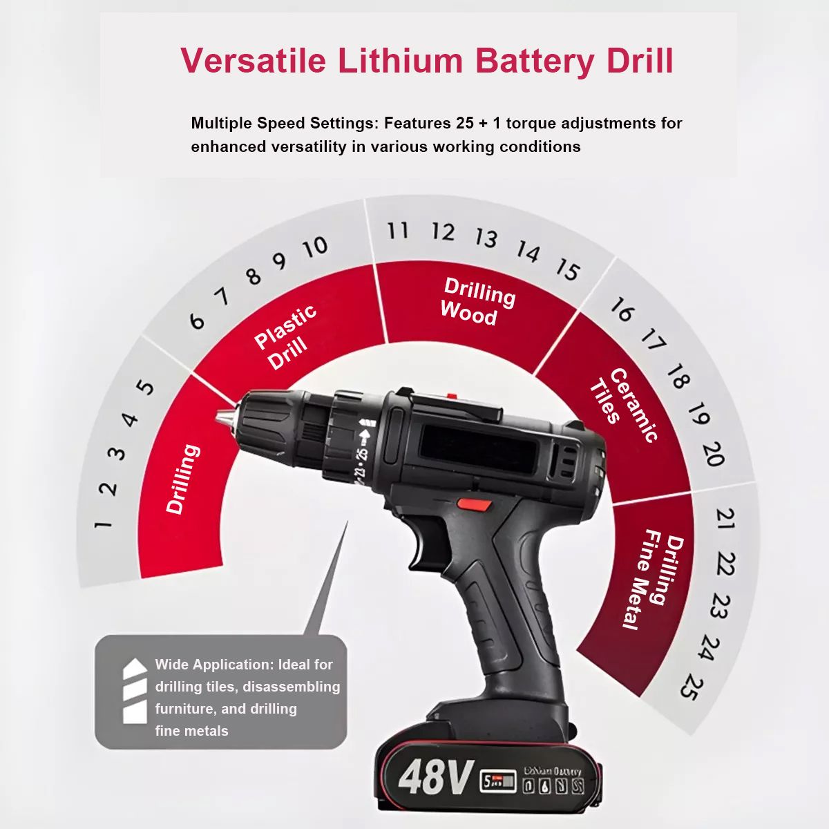 48V Cordless Drill Set, Electric Power Drill with Battery And Charger,3/8,Power Tool for Garden Office Home Repair