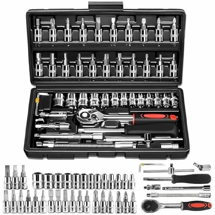 46 Pieces 1/4 inch Drive Socket Ratchet Wrench Set, with Bit Socket Set Metric and Extension Bar for Auto Repairing and Household, with Storage Case